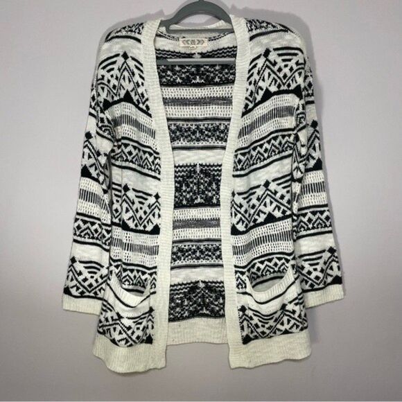 Pink Rose M open front cotton blend black white aztec print longline cardigan - Picture 1 of 11